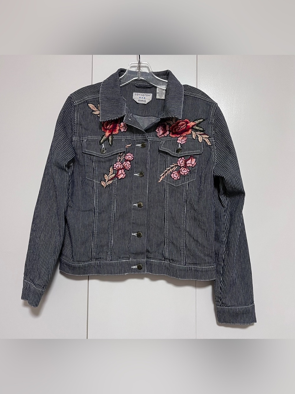 Vintage Covington Blue Pinstripe Floral Stretch Denim Trucker Jacket Size 12